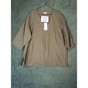 NWT Eileen Fisher Woman V-Neck Beaded Irish Linen Tunic Top Womens 2X Taupe Brow